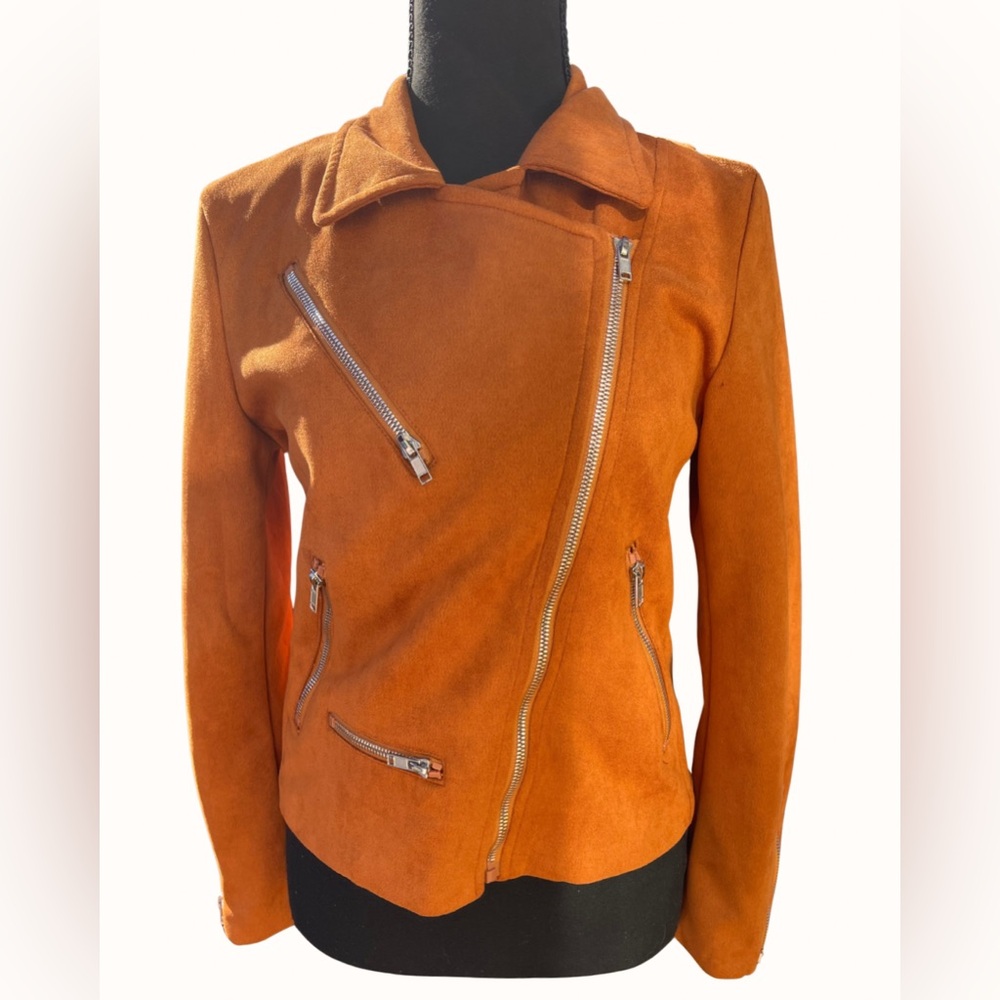 camel faux suede zip up moto jacket size S